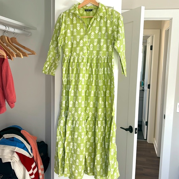 100% cotton flax dress maxi long sleeves green floral - Picture 1 of 7